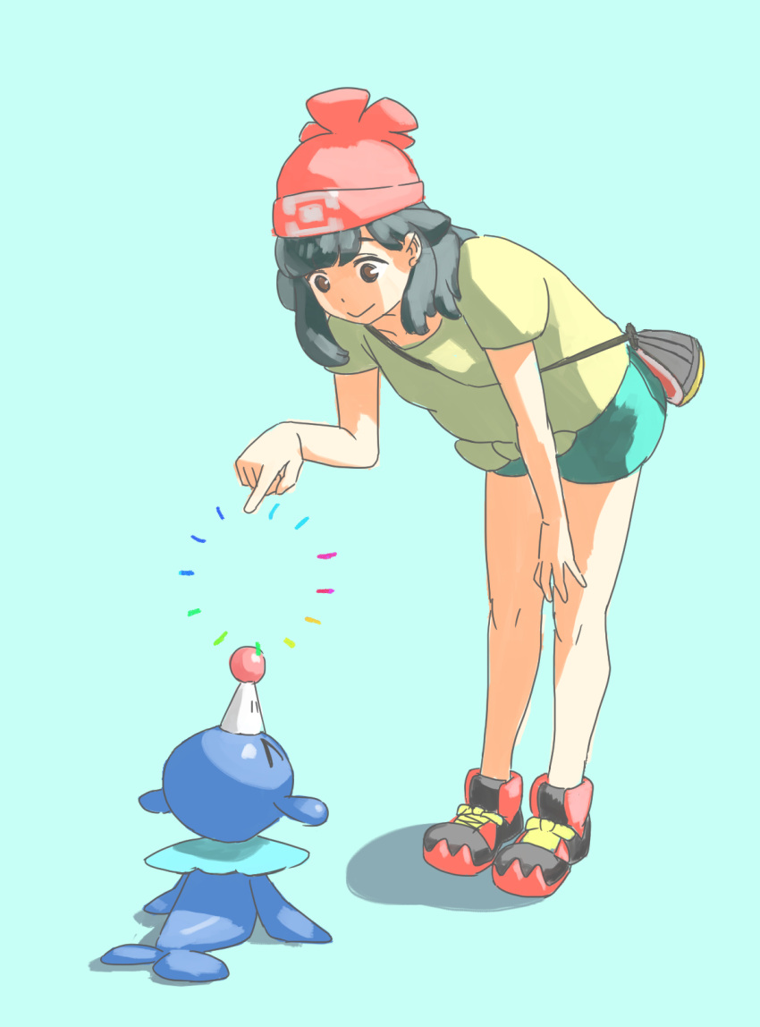 1girl, amamimaru, bag, beanie, bent_over, black_hair, blue_background, brown_eyes