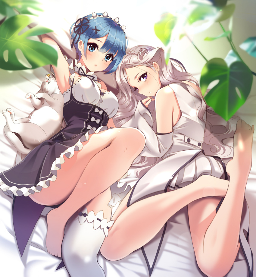 2girls, armpits, bare_legs, barefoot, bed, bed_sheet, black_ribbon, blue_eyes