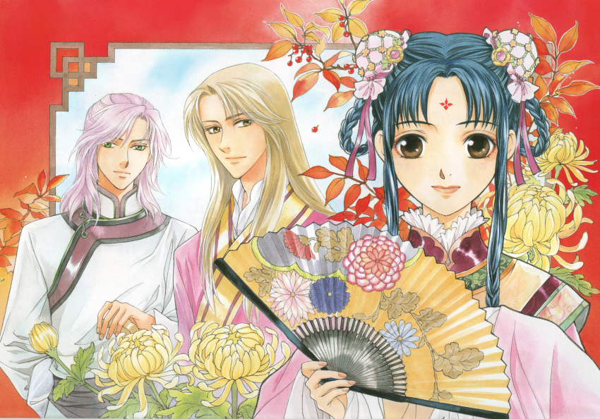 changpao, chinese_clothes, double_bun, duplicate, fan, flower, hanfu, highres