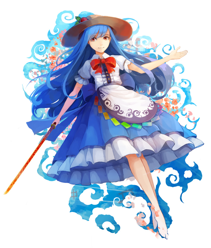1girl, apron, barefoot, blue_bow, blue_hair, blue_skirt, bow, buttons