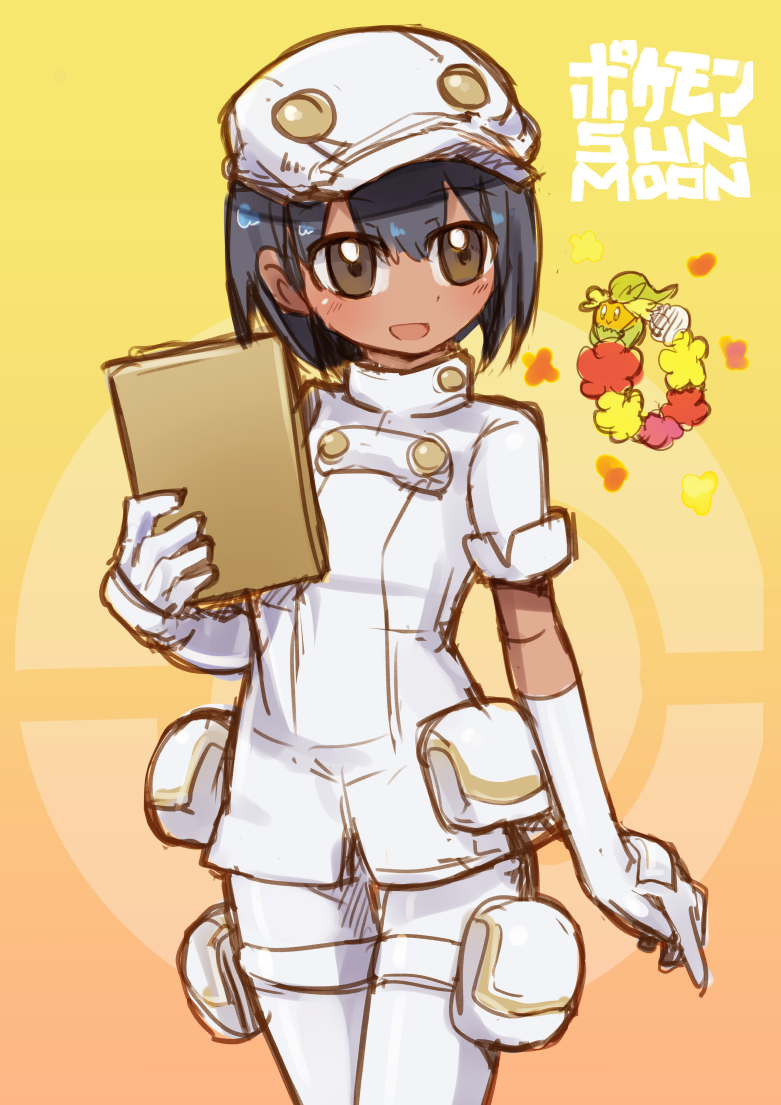 1girl, aether_foundation_employee, black_hair, brown_eyes, comfey, dark_skin, flower, gloves