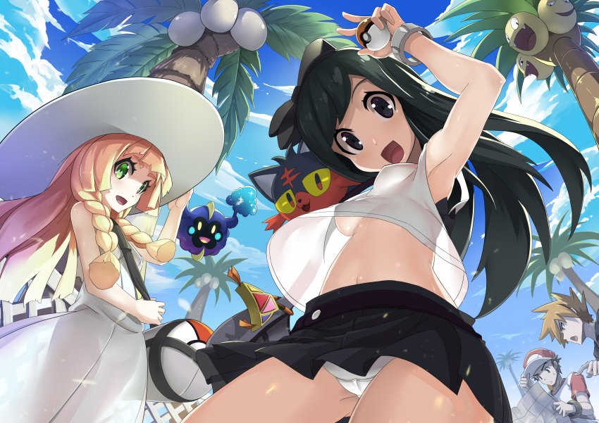 2boys, 2girls, absurdres, alolan_exeggutor, armpits, bangs, baseball_cap, black_hair, black_skirt, blonde_hair, blue_sky, blunt_bangs, braid, brown_hair, dress, from_below, green_eyes, hat, highres, holding, holding_poke_ball, jie_laite, lillie_(pokemon), litten_(pokemon), long_hair, looking_at_viewer, map, miniskirt, multiple_boys, multiple_girls, no_bra, ookido_green_(sm), palm_tree, panties, pantyshot, pantyshot_(standing), poke_ball, pokemon, pokemon_(creature), pokemon_(game), pokemon_sm, red_(pokemon)_(sm), shirt, short_hair, skirt, sky, sleeveless, sleeveless_dress, spiky_hair, standing, sun_hat, t-shirt, tree, twin_braids, underwear, white_dress, white_hat, white_panties, z-ring