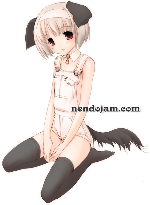 1girl, animal_ears, black_legwear, blush, bob_cut, breasts, choker, dog_ears, dog_tail, feet, flat_chest, footwear, hairband, kneeling, lugosi_ela, naked_overalls, open_mouth, original, overalls, red_eyes, short_hair, sideboob, silver_hair, small_breasts, socks, solo, tail, thigh-highs, zettai_ryouiki
