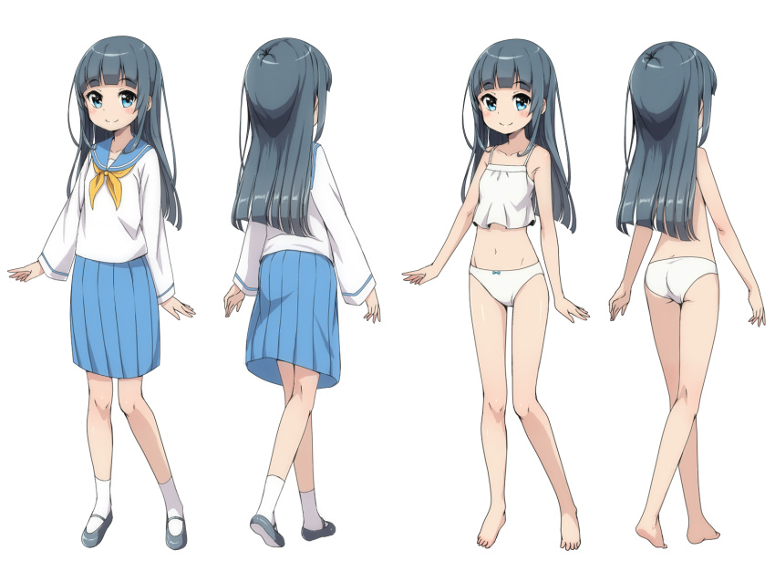 1girl, ass, back, black_hair, blue_eyes, character_sheet, full_body, highres