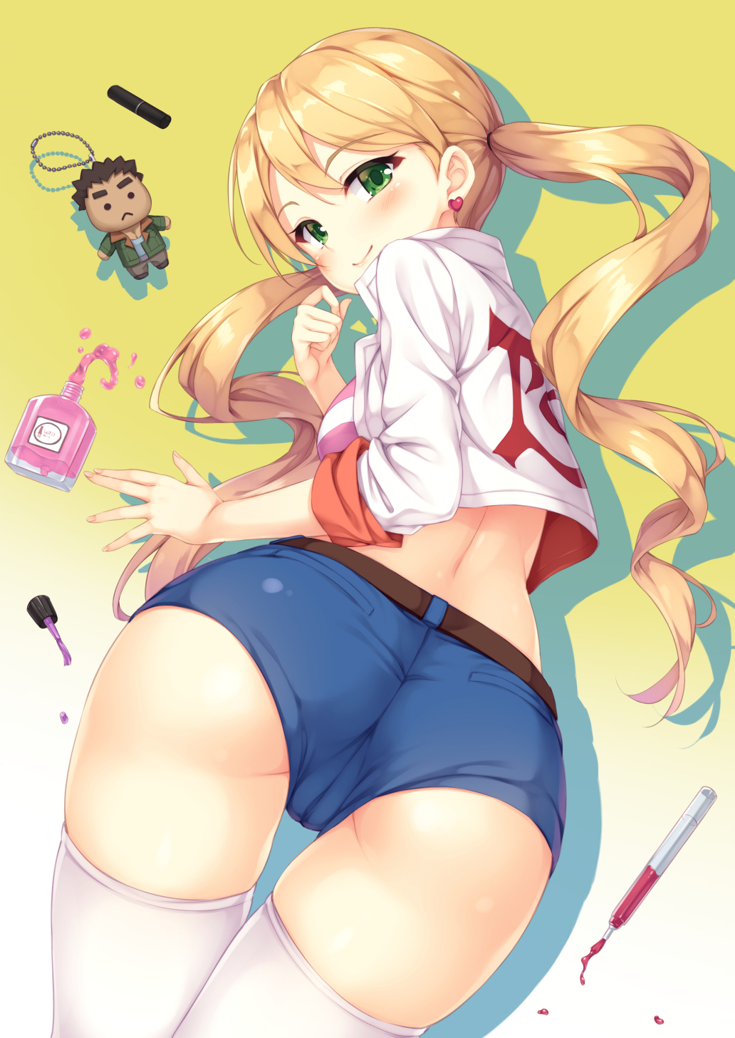 1girl, akihiro_altland, ass, back, bangs, belt, blonde_hair, blue_shorts