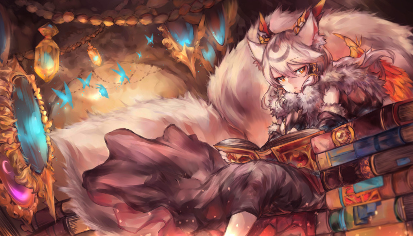 1girl, absurdres, animal_ears, bangs, black_dress, book, book_stack, brown_eyes