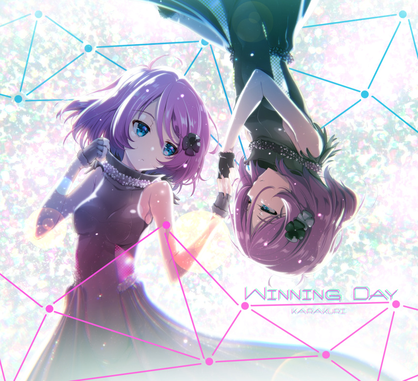 2girls, akahito, bare_shoulders, black_dress, blue_eyes, dress, fingerless_gloves, flower