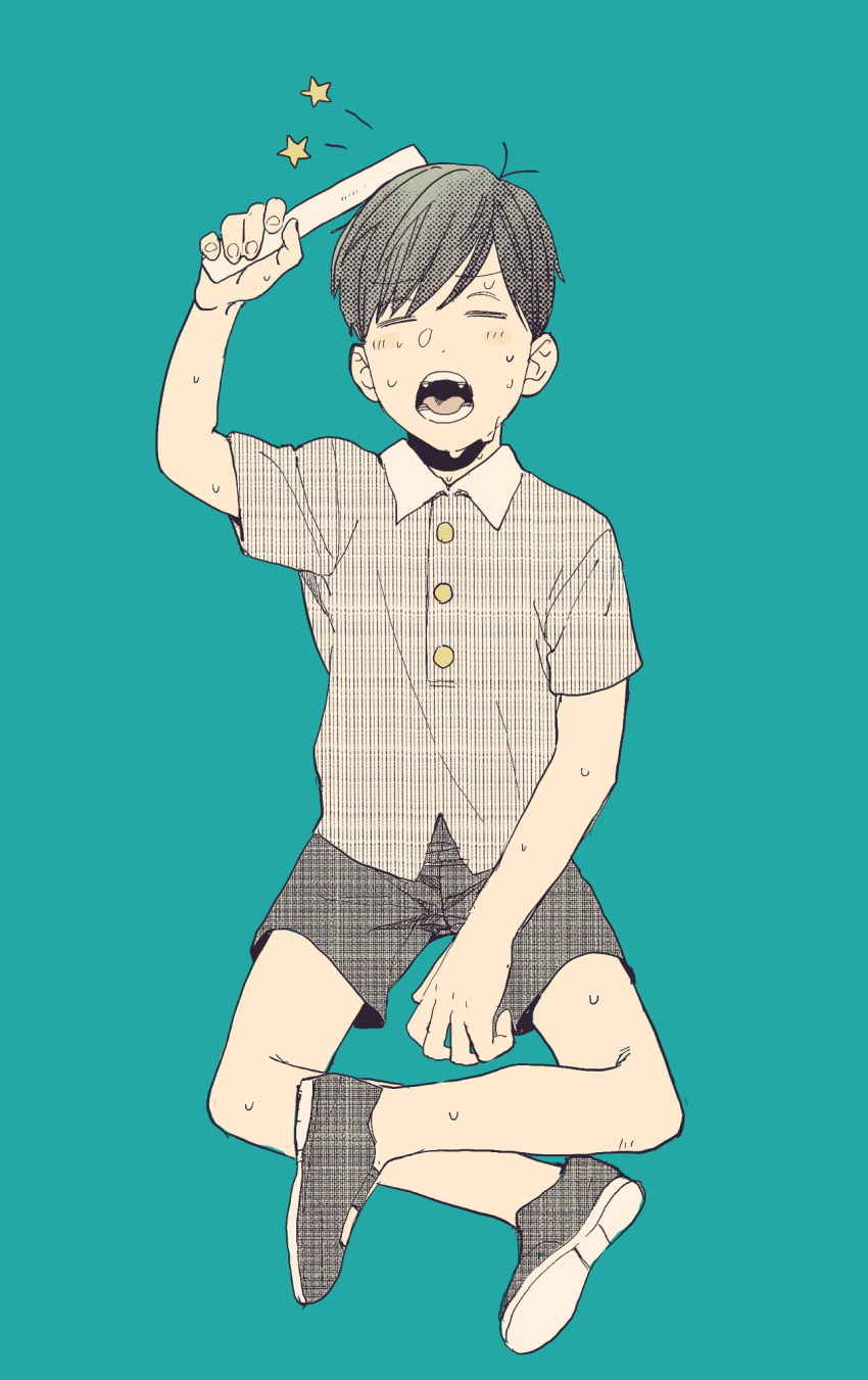 1boy, 5plus5, bangs, blue_background, greyscale, highres, male_focus, matsuno_ichimatsu
