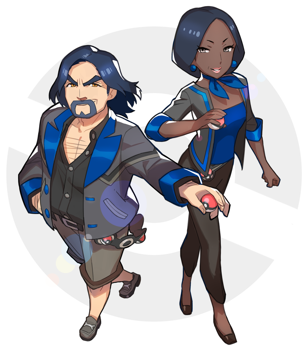 1boy, 1girl, bandeau, beard, belt, blue_hair, blue_scarf, chest_hair, dark_skin, earrings, facial_hair, from_above, grey_eyes, hand_in_pocket, highres, holding, holding_poke_ball, jacket, jewelry, looking_at_viewer, npc, npc_trainer, orange_eyes, poke_ball, poke_ball_theme, pokemon, pokemon_(game), pokemon_sm, saitou_naoki, scarf, smile, veteran_(pokemon)