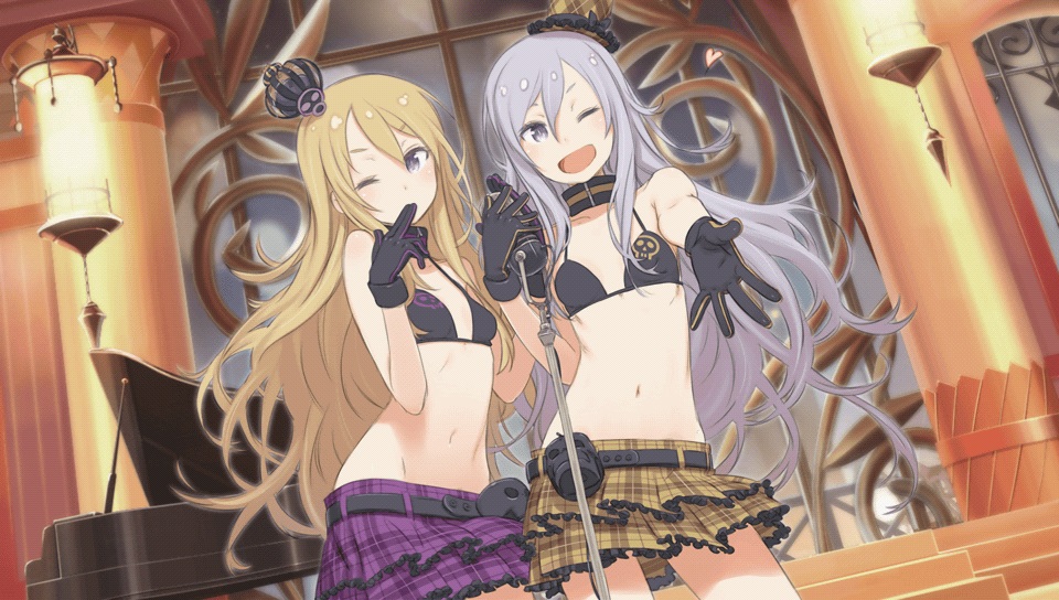 2girls, bikini_top, black_gloves, blonde_hair, blush, breasts, detached_collar, exela_(summon_night)