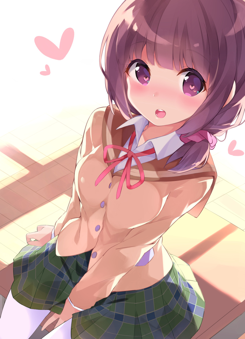 1girl, absurdres, bangs, between_legs, blush, breasts, brown_hair, chikuwa.