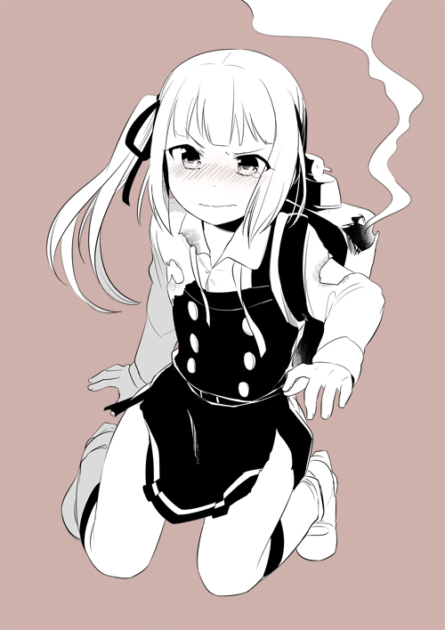 1girl, blush, hair_ribbon, kantai_collection, kasumi_(kantai_collection), kneeling, long_hair, monochrome
