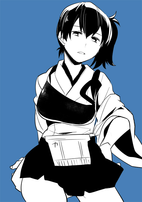 1girl, black_hair, blue_background, hand_on_hip, high_contrast, japanese_clothes, kaga_(kantai_collection), kantai_collection