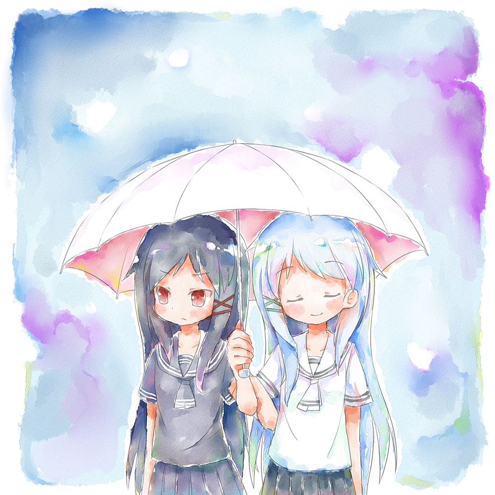 >:/, 2girls, arm_at_side, arm_grab, bangs, black_hair, black_serafuku, black_shirt, black_skirt, blue_hair, blush, closed_eyes, closed_mouth, collarbone, copyright_request, eyebrows, eyebrows_visible_through_hair, faux_traditional_media, hair_flaps, hair_ornament, head_tilt, holding, holding_umbrella, long_hair, looking_away, multiple_girls, pleated_skirt, red_eyes, school_uniform, serafuku, shared_umbrella, shirt, short_sleeves, skirt, smile, swept_bangs, tinzing_saamzong, traditional_media, tsurime, umbrella, very_long_hair, watercolor_(medium), white_shirt, x_hair_ornament