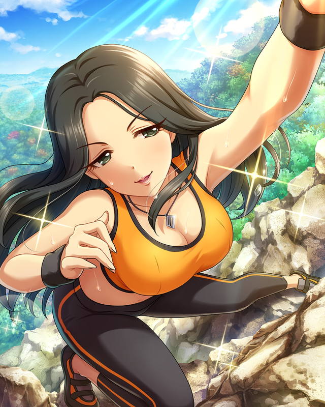 1girl, bare_shoulders, breasts, brown_eyes, brown_hair, cleavage, dripping, forest, helen_(idolmaster), idolmaster, idolmaster_cinderella_girls, jewelry, large_breasts, long_hair, nature, navel, necklace, official_art, rock_climbing, solo, sports_bra, sweat, sweating, wristband
