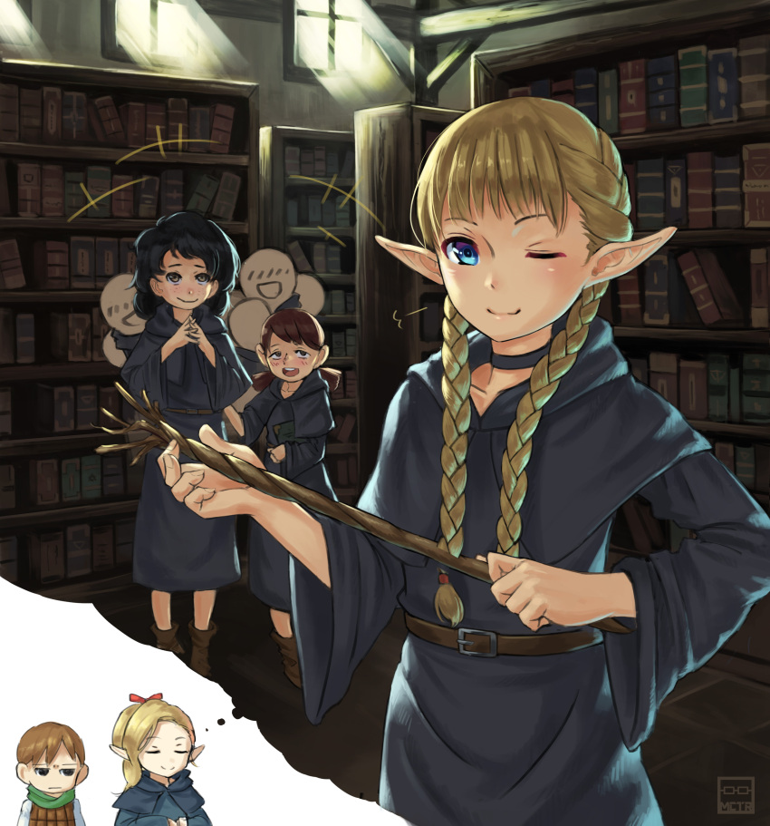 absurdres, black_eyes, black_hair, blonde_hair, blue_eyes, book, bookshelf, braid