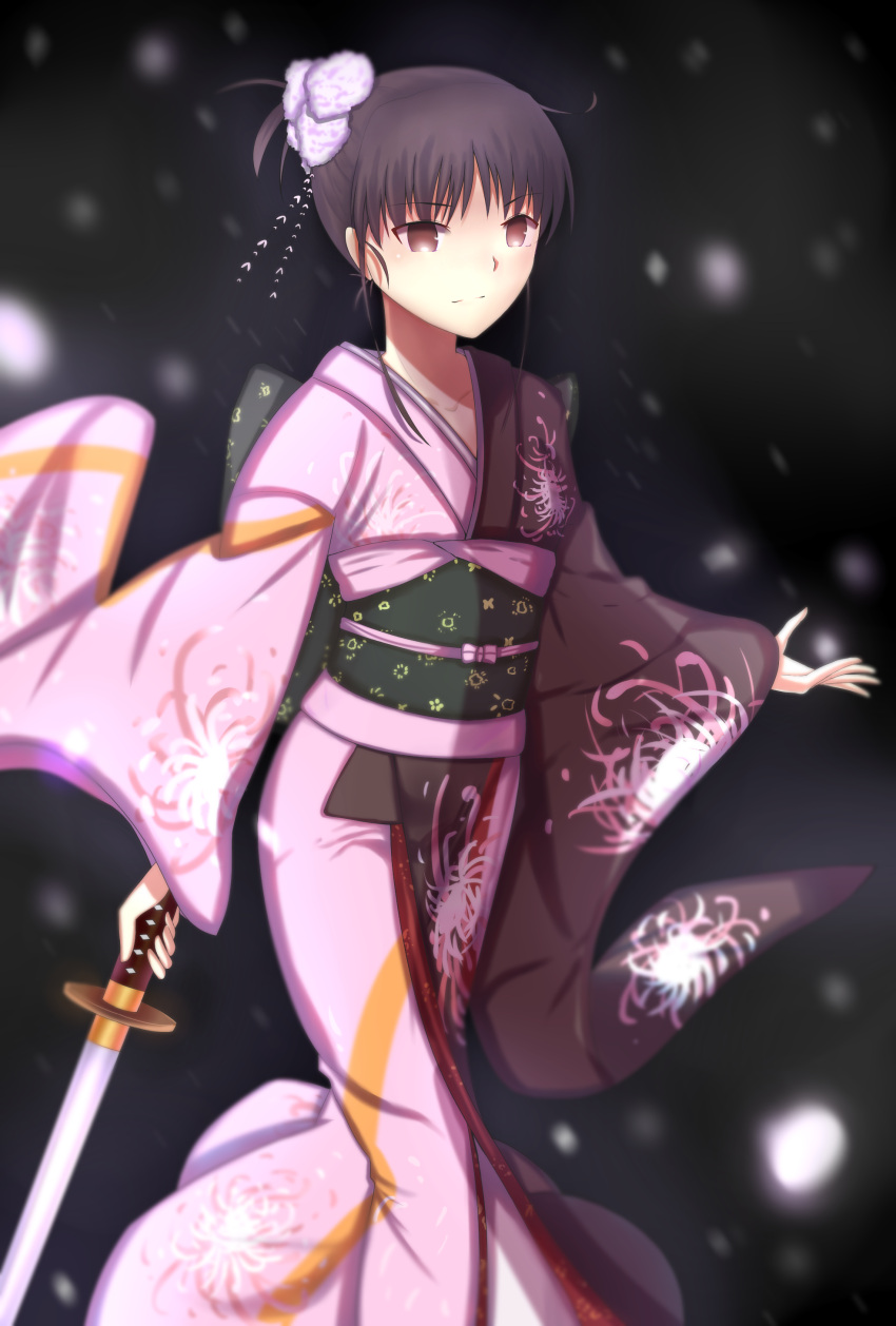 1girl, absurdres, hair_ornament, highres, japanese_clothes, kara_no_kyoukai, katana, kimono, long_sleeves, night, obi, pink_yukata, ryougi_shiki, sash, short_hair, solo, solo_focus, sword, weapon, wide_sleeves, yukata