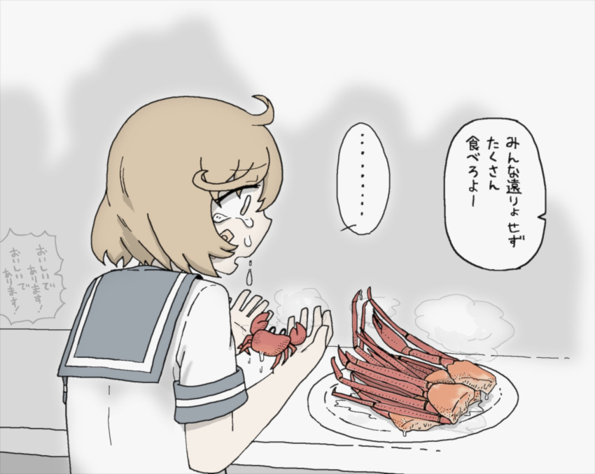 ahoge, bandaid, bandaid_on_face, brown_hair, commentary, crab, crying, crying_with_eyes_open, highres, holding, kantai_collection, nhk_(artist), oboro_(kantai_collection), plate, school_uniform, serafuku, short_hair, tears, translated