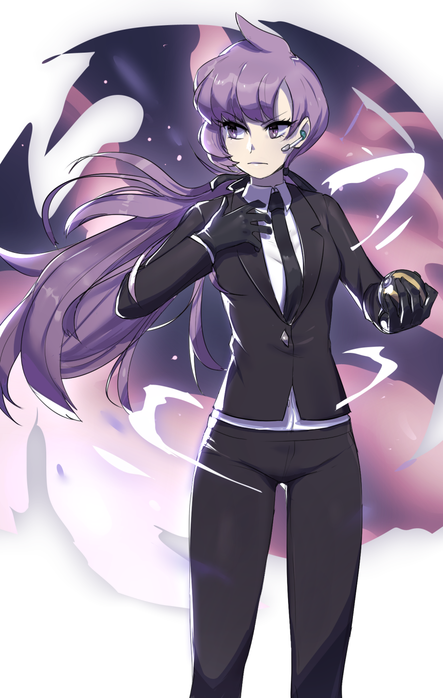 1girl, earpiece, formal, gloves, highres, holding, holding_poke_ball, jacket