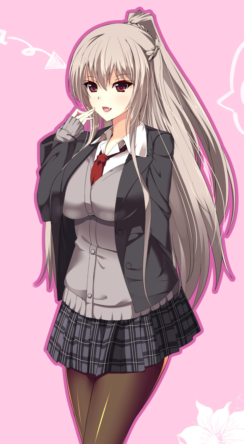 1girl, absurdres, black_jacket, black_legwear, eyebrows, grey_hair, grey_shirt, grey_skirt