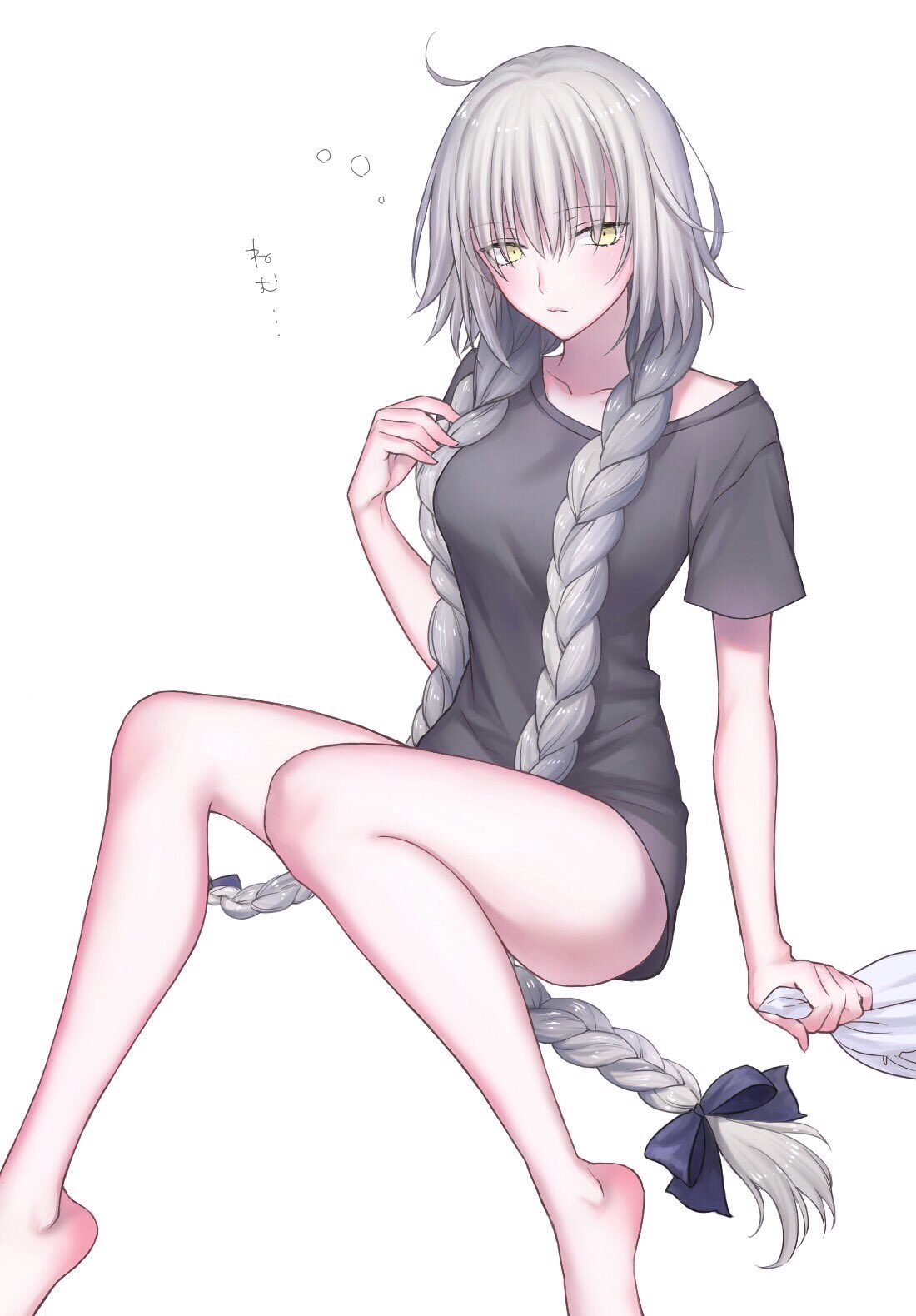 1girl, barefoot, braid, breasts, deadpan, fate/apocrypha, fate/grand_order, fate_(series), highres, jeanne_alter, long_hair, looking_at_viewer, nipi27, ribbon, ruler_(fate/apocrypha), short_hair, silver_hair, solo, white_background, yellow_eyes