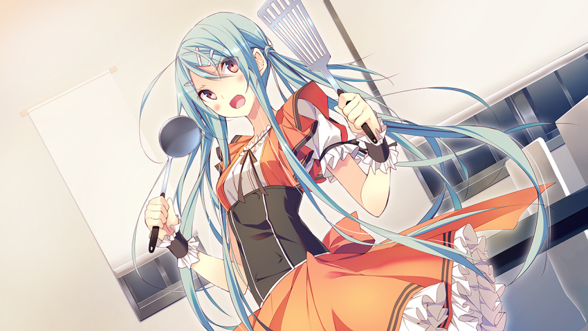1girl, aka-san_to_kyuuketsuki, blue_hair, blush, brown_eyes, dress, dutch_angle, game_cg