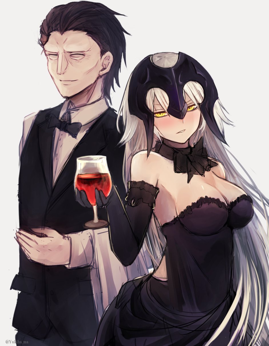 1boy, 1girl, alcohol, bare_shoulders, black_dress, black_gloves, black_hair, black_legwear