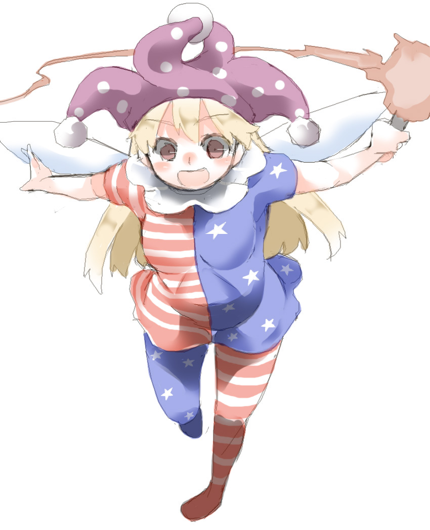 1girl, american_flag_dress, american_flag_legwear, blonde_hair, blush, breasts, clownpiece, dress