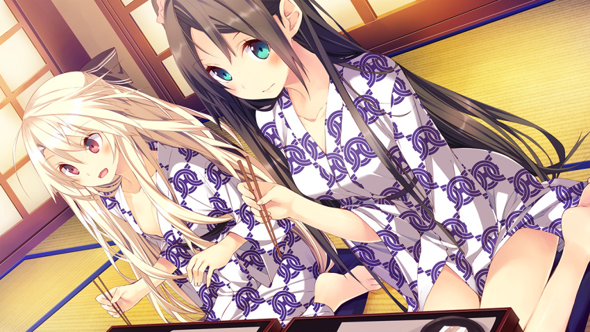 2girls, aka-san_to_kyuuketsuki, alexandra_ann-christine_axelina, barefoot, black_hair, blonde_hair, blue_eyes, blush, chopsticks, collarbone, game_cg, hair_ribbon, japanese_clothes, kuwashima_rein, long_hair, multiple_girls, no_bra, red_eyes, ribbon, rokukakuin_konoha, seiza, sitting