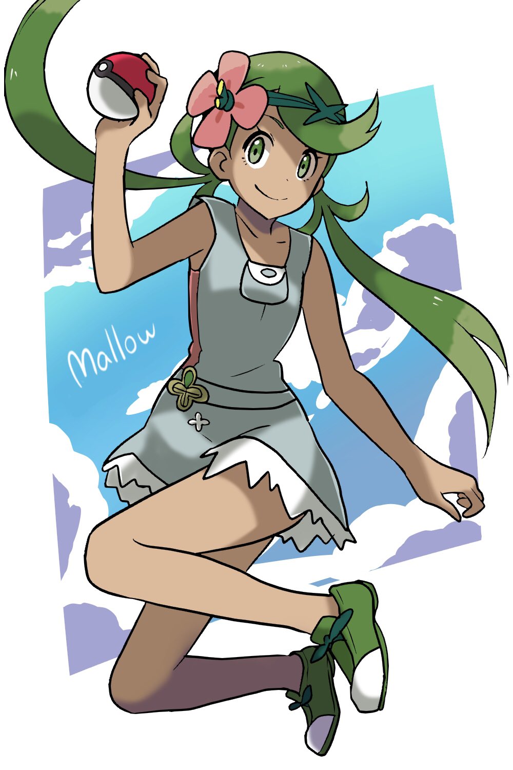 1girl, apron, bare_legs, dark_skin, denim, denim_shorts, flower, green_eyes, hair_flower, hair_ornament, highres, holding, long_hair, looking_at_viewer, mallow_(pokemon), pokemon, pokemon_(game), pokemon_sm, pose, ryo_(0626kk), shorts, simple_background, sky, solo, twintails, undershirt