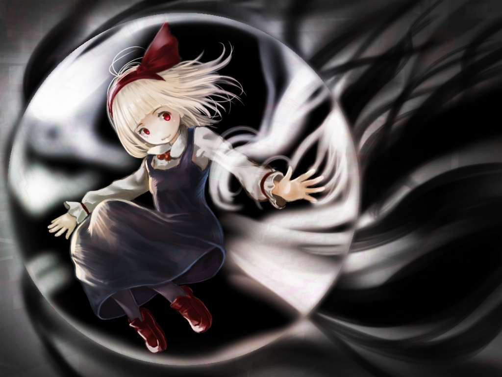 black_dress, blonde_hair, darkness, dress, hair_ribbon, hairband, loafers, long_sleeves
