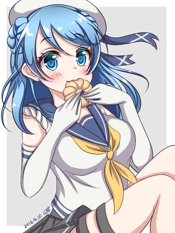 :3, blue_eyes, blue_hair, blush, breasts, cruller, double_bun, eating, elbow_gloves, gloves, hat, kantai_collection, kojiro_d, large_breasts, neckerchief, pleated_skirt, sailor_hat, school_uniform, serafuku, skirt, sleeves_rolled_up, urakaze_(kantai_collection)