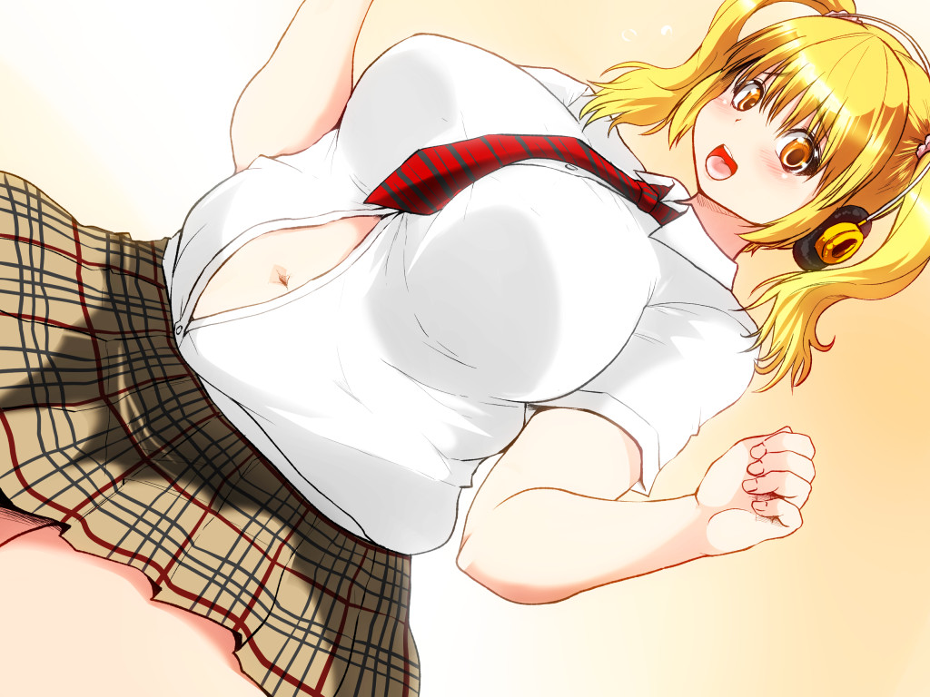 1girl, blonde_hair, blush, breasts, date_pun, good_meat_day, headphones, huge_breasts