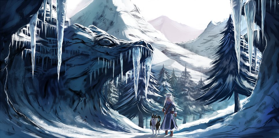 1girl, hair_over_one_eye, ichina_(osabakitina), icicle, landscape, long_hair, looking_at_viewer, mountain