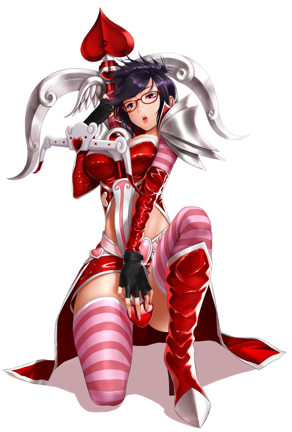 1girl, armor, between_legs, black_hair, bow_(weapon), breasts, cleavage, fingerless_gloves, glasses, gloves, hand_between_legs, heart, heartseeker_vayne, highres, kneeling, large_breasts, league_of_legends, navel, shauna_vayne, short_hair, shoulder_armor, skirt, solo, striped, striped_legwear, takebi, thigh-highs, weapon, white_background