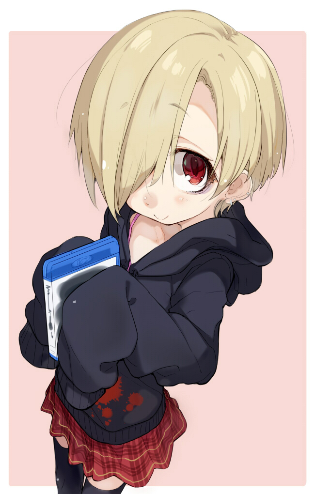 1girl, bags_under_eyes, black_legwear, blonde_hair, blood, blood_stain, blu-ray, blush, cowboy_shot, ear_piercing, earrings, eyebrows, eyebrows_visible_through_hair, hair_over_one_eye, hands_in_sleeves, holding, hood, hood_down, hoodie, idolmaster, idolmaster_cinderella_girls, jewelry, long_sleeves, looking_at_viewer, piercing, pink_background, plaid, plaid_skirt, red_eyes, red_skirt, sala_mander, shirasaka_koume, short_hair, simple_background, skirt, sleeves_past_wrists, smile, solo, spaghetti_strap, sweatshirt, tank_top, thigh-highs