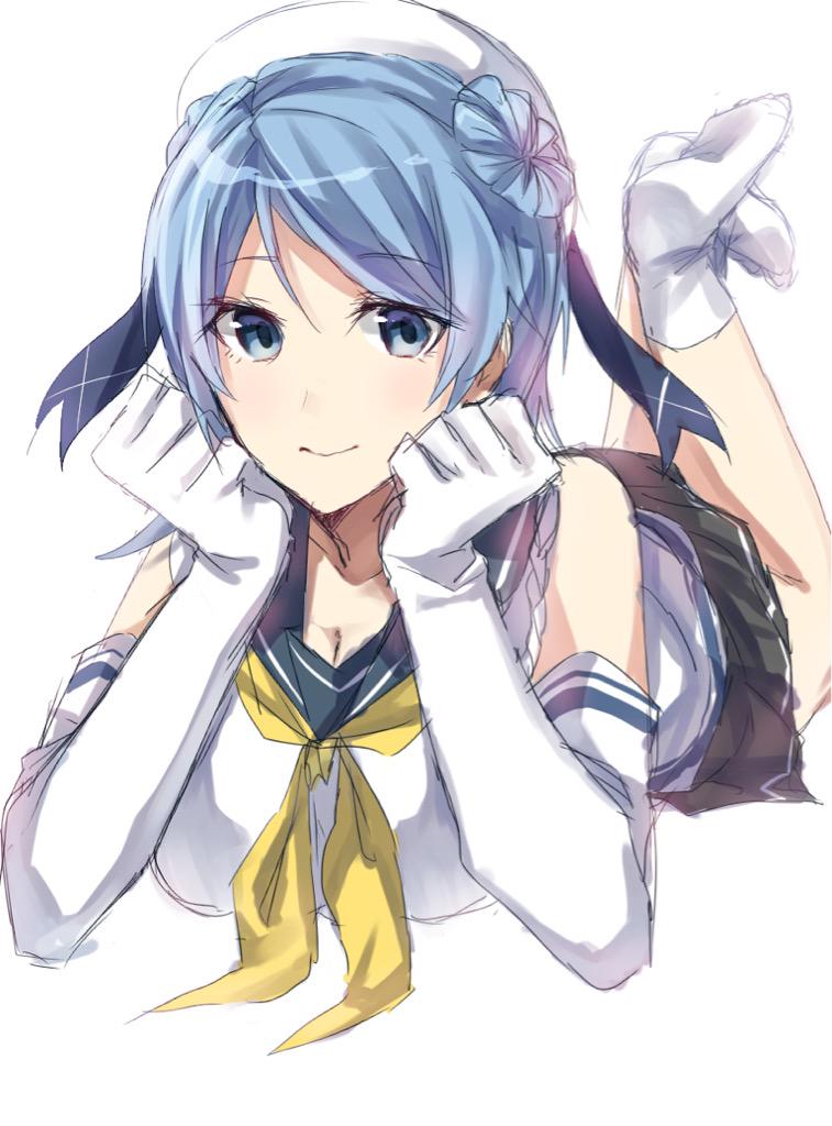 betti_(maron), blue_eyes, blue_hair, breasts, double_bun, elbow_gloves, gloves, hat