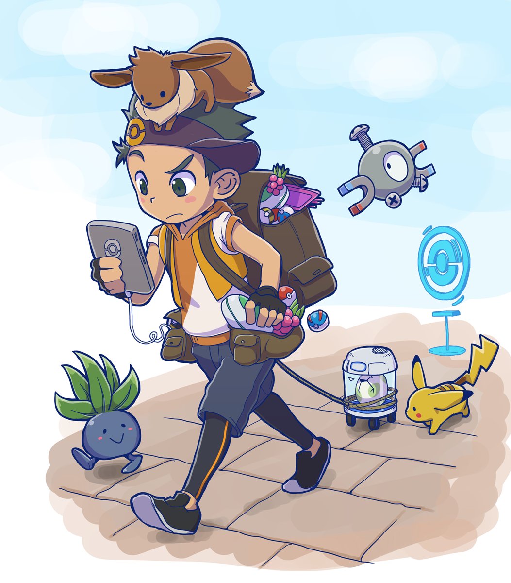 1boy, :>, backpack, bag, blush_stickers, brown_eyes, cellphone, eevee, egg, fingerless_gloves, food, fruit, gloves, great_ball, green_hair, highres, las_(las72), magnemite, male_focus, male_protagonist_(pokemon_go), oddish, phone, pikachu, poke_ball, pokemon, pokemon_(creature), pokemon_go, pokestop, shorts, sleeves_pushed_up, smartphone, tan, ultra_ball, visor_cap, walking