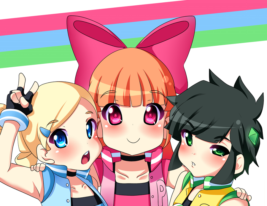 3girls, akazutsumi_momoko, black_hair, blonde_hair, blue_eyes, chocker, fanart, ginger_hair, gloves, goutokuji_miyako, green_eyes, hair_bow, hairclip, hyper_blossom, jacket, long_hair, looking_at_viewer, matsubara_kaoru, open_mouth, pink_eyes, powered_buttercup, powerpuff_girls_z, ribbon, rolling_bubbles, short_hair, smile, tagme