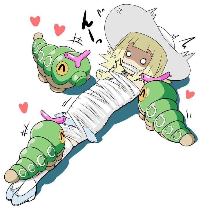 bdsm, blonde_hair, bondage, bound, caterpie, gag, honehone, lillie_(pokemon)