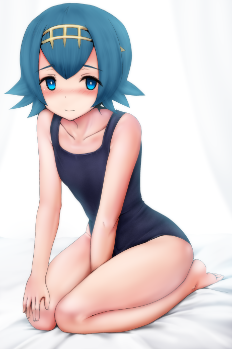 1girl, bangs, bare_legs, bare_shoulders, barefoot, bed_sheet, between_legs, black_swimsuit