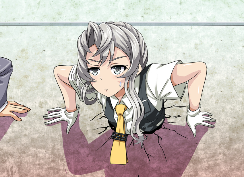 1girl, arm_support, asymmetrical_hair, bangs, black_vest, blouse, commentary_request, flipped_hair