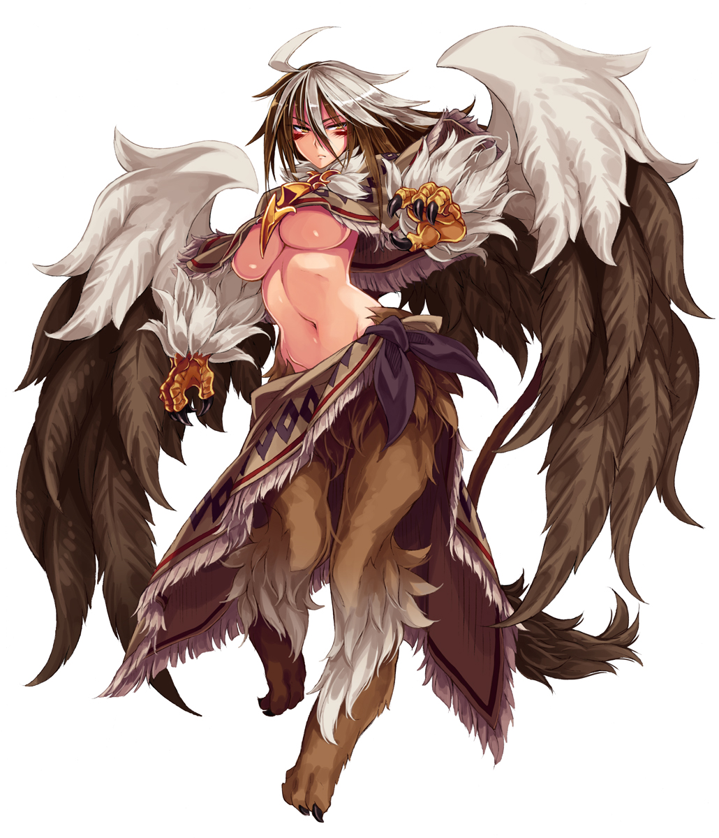 >:(, 1girl, ahoge, breasts, brown_hair, capelet, claws, facial_mark, feathered_wings, full_body, fur, griffon_(monster_girl_encyclopedia), highres, kenkou_cross, large_breasts, monster_girl, monster_girl_encyclopedia, multicolored_hair, navel, paws, serious, solo, stomach, tail, two-tone_hair, under_boob, waist_cape, white_hair, wings