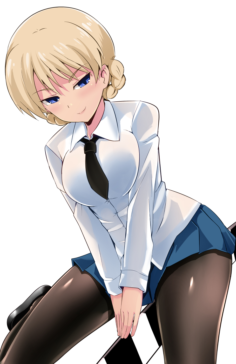 1girl, black_footwear, black_legwear, black_necktie, blonde_hair, blouse, blue_eyes, braid