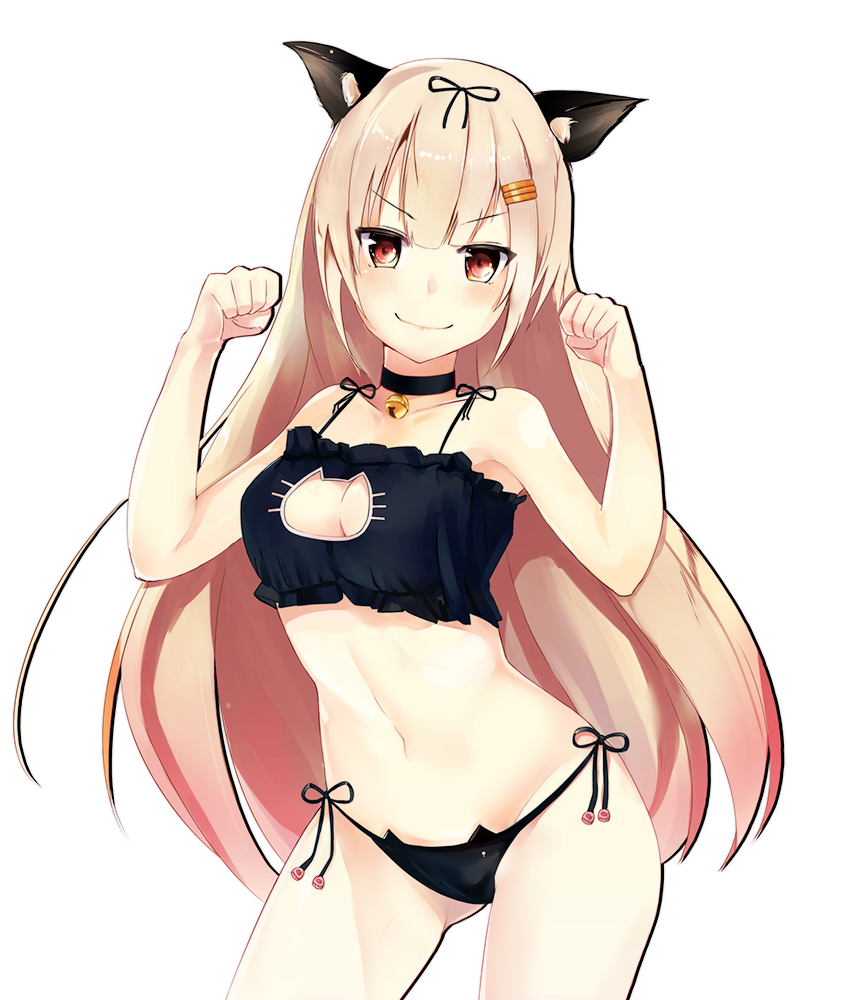 1girl, animal_ears, bare_shoulders, bikini, blonde_hair, blush, breasts, cat_ears