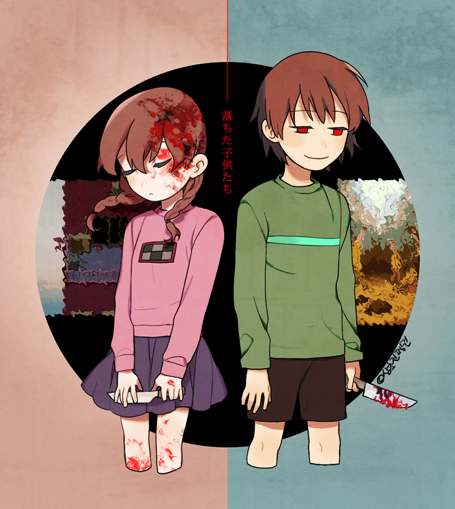 1boy, 1girl, arms_at_sides, bad_end, blood, blood_on_face, bloody_hair, bloody_hands