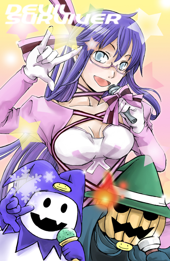 \m/, blue_hair, bow, breasts, choker, cleavage, devil_survivor_(series), devil_survivor_1, flashlight, food, glasses, gloves, hair_bow, ice_cream, jack_frost, jouban, komaki_midori, long_hair, macross, macross_frontier, microphone, parody, pyro_jack, ribbon, ribbons, seikan_hikou, shin_megami_tensei, star, stars