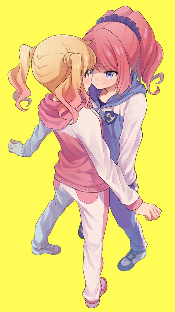 2girls, aikatsu!, aikatsu_stars!, blonde_hair, blue_eyes, blush, eye_contact, gobou_1000