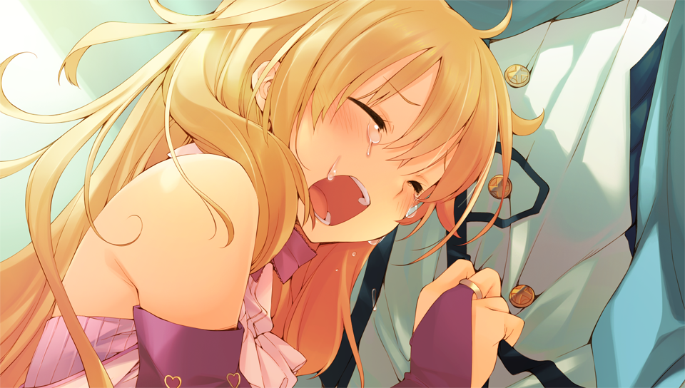 1boy, 1girl, aquaplus, blonde_hair, blush, bridal_gauntlets, closed_eyes, crying