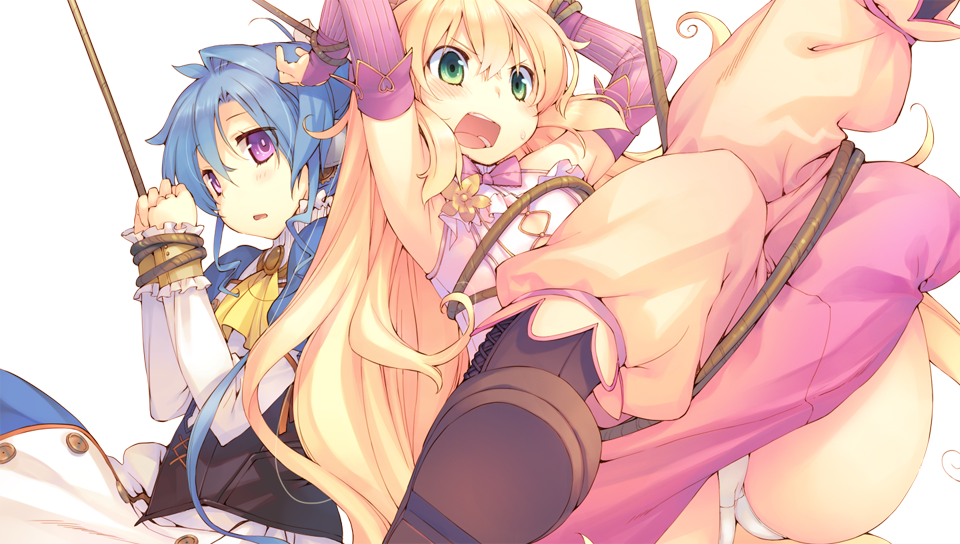 2girls, :, aquaplus, arms_up, blonde_hair, blue_hair, boots, bound
